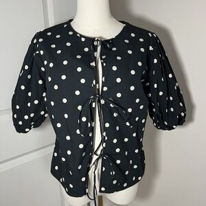 Abercrombie & Fitch Women's Black Blouse Tie Front Puff Sleeve Med Cottagecore